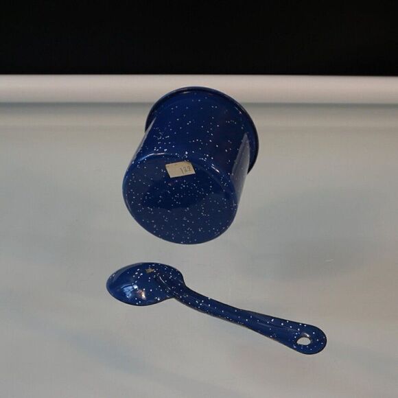 Enamelware Mug With Spoon Blue Speckled White Camping Fireside 12 oz Cup - Picture 3 of 6